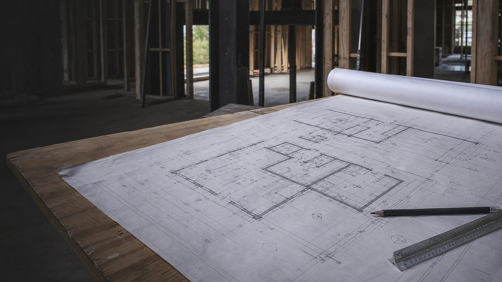 Architectural plans unrolled on a plywood table inside a framed-out house, with a pencil and a scale rule resting on the sheet