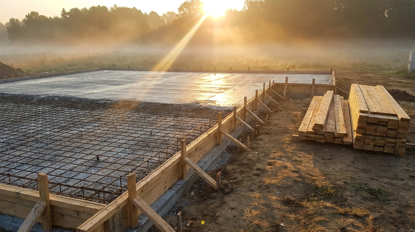 Freshly poured concrete foundation with rebar at sunrise