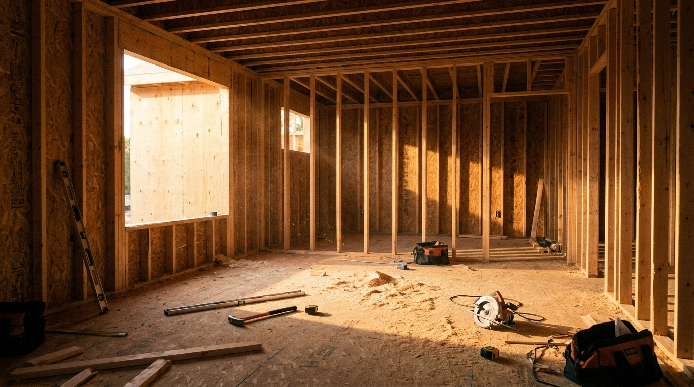 Living room at framing stage, sunlight through the studs