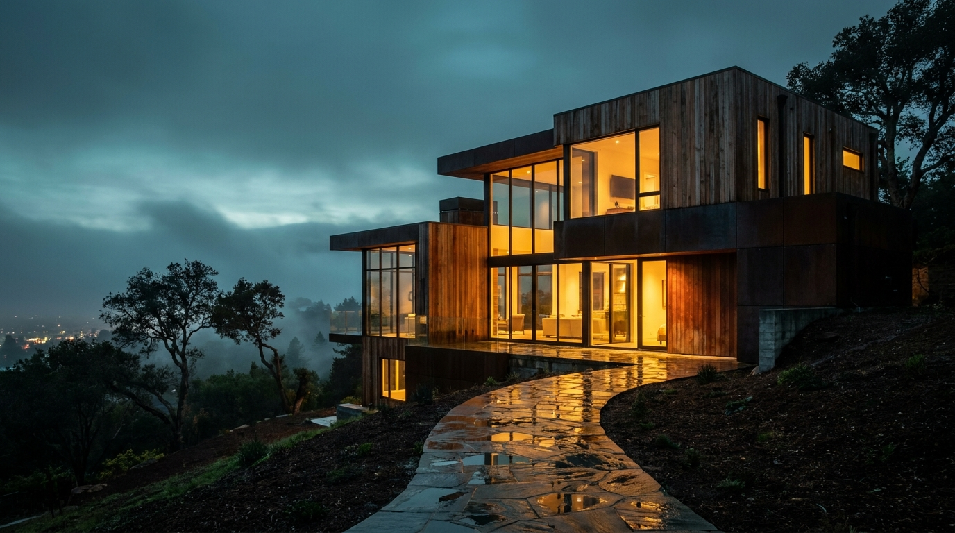 Finished custom hillside home glowing at dusk