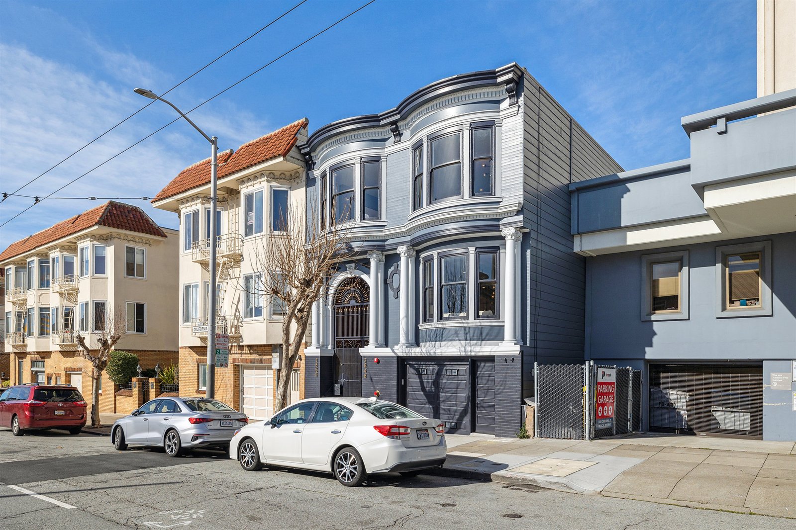Restored bay-window facade of a two-unit building, California Street, San Francisco